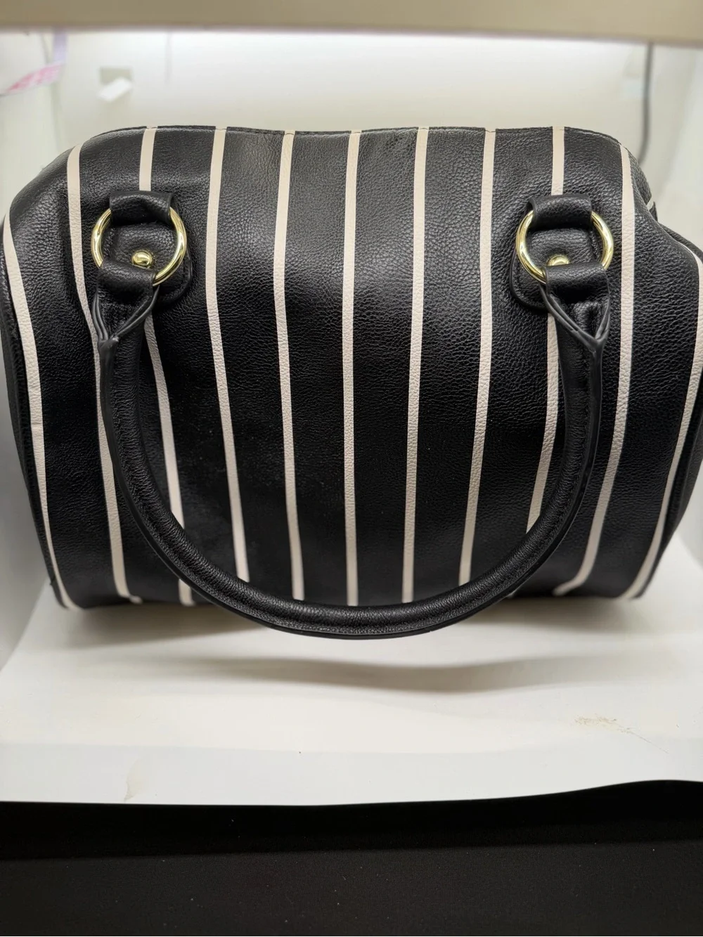 Betsey Johnson Black & White Striped Satchel with Floral Embroidery